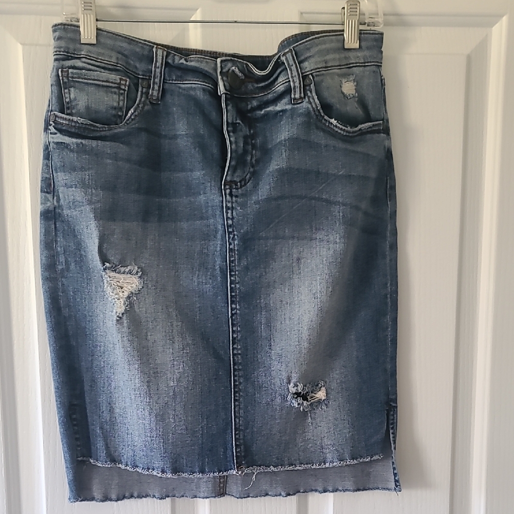 Kut from the Kloth Blue Distressed Denim Skirt